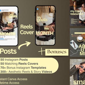 May include: A digital marketing template set featuring Instagram post and Reels cover designs with light yellow text overlays. The graphics display text including My goals this MONTH, my top 3 resources, ABOUT ME, and small wins, with a list of included items.