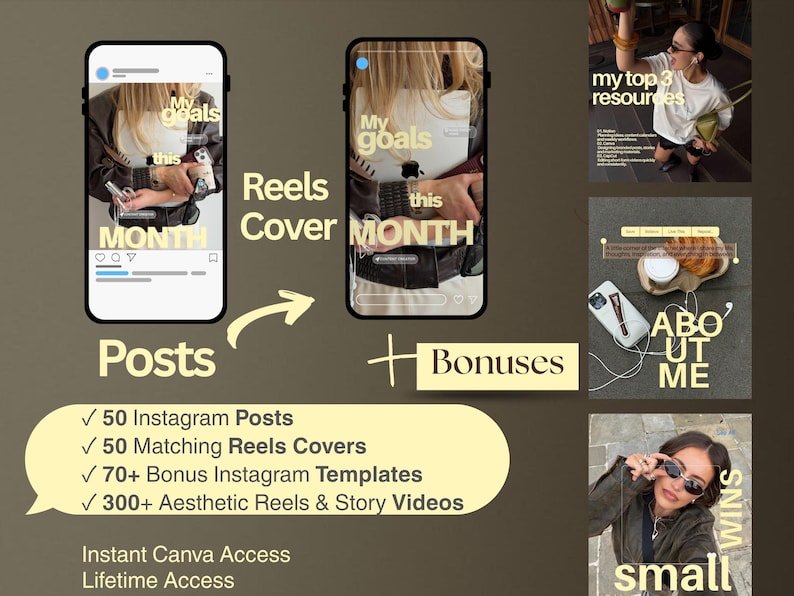 May include: A digital marketing template set featuring Instagram post and Reels cover designs with light yellow text overlays. The graphics display text including My goals this MONTH, my top 3 resources, ABOUT ME, and small wins, with a list of included items.