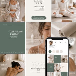 May include: A digital display of a social media profile grid featuring a collection of yoga-themed graphic templates. The layout includes various images of individuals in yoga attire, text overlays, and a smartphone showing the Instagram interface.