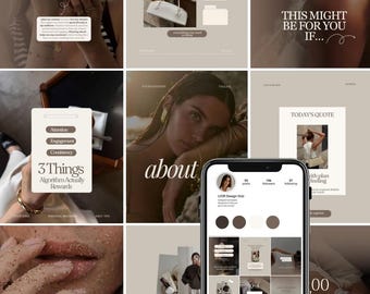 Pode incluir: Um smartphone exibindo uma grade de perfil do Instagram intitulada LIOR Design Hub, apresentando uma paleta de cores neutras em bege, marrom e branco, com vários modelos de postagens, sobreposições de texto e fotografia de estilo de vida.