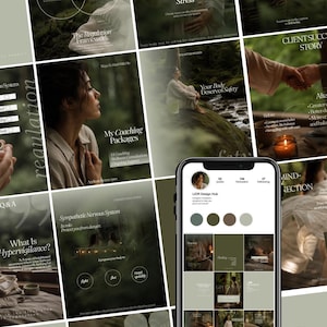 May include: A smartphone displaying an Instagram profile grid for LIOR Design Hub, featuring a collection of sage green and earth-toned social media templates with text overlays about nervous system regulation, wellness coaching, and body safety.