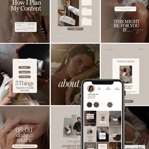 Op de afbeelding: Een digitale set met sjablonen voor social media contentplanning in een neutraal beige kleurenpalet. Het raster toont diverse lay-outs met tekstoverlays zoals How I Plan My Content, strong visuals, 3 Things Algorithm Actually Rewards en 08:00 daily routine. Een smartphone toont een Instagram-profielinterface.