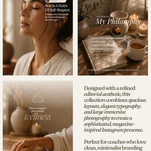 Pu&ograve; includere: Un set di modelli di marketing digitale con quattro pannelli in tonalit&agrave; beige e crema. Il testo include "Rest Is A Form Of Self-Respect", "My Philosophy", "Ways to support your overall wellness" e "Designed with a refined editorial aesthetic".