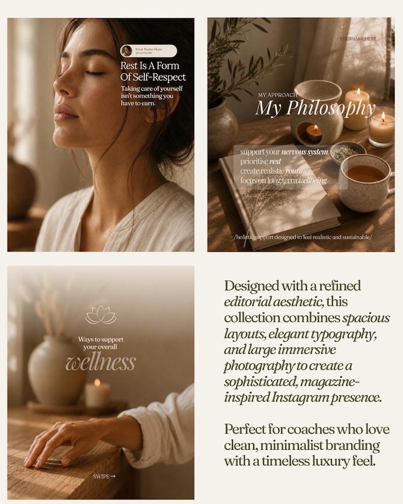 Pu&ograve; includere: Un set di modelli di marketing digitale con quattro pannelli in tonalit&agrave; beige e crema. Il testo include "Rest Is A Form Of Self-Respect", "My Philosophy", "Ways to support your overall wellness" e "Designed with a refined editorial aesthetic".