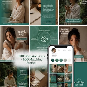May include: A digital collection of 100 somatic social media posts and 100 matching stories featuring a smartphone displaying an Instagram profile grid with green and white colour palettes, text overlays, and imagery of a person in a beige robe.