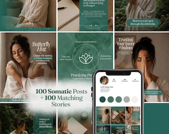 Pode incluir: Uma coleção digital de 100 posts somáticos para redes sociais e 100 stories correspondentes, com um smartphone exibindo uma grade de perfil do Instagram em tons de verde e branco, sobreposições de texto e imagens de uma pessoa em um roupão bege.