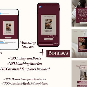 以下が含まれることがあります： 90件のInstagram投稿、90件のストーリー、15件のカルーセルテンプレート、70件のボーナステンプレート、300件のリールおよびストーリー動画を含むデジタルマーケティングテンプレートセット。デザインは深みのあるバーガンディとベージュのカラーパレットで構成されています。