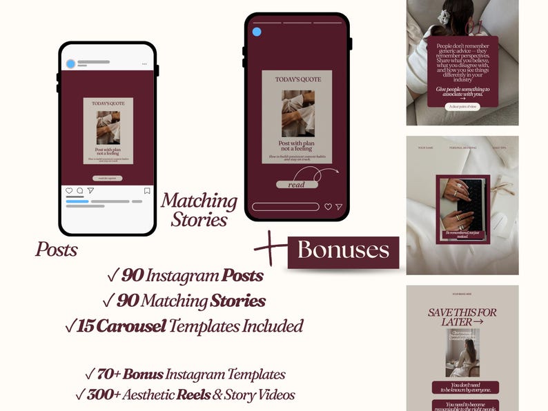 以下が含まれることがあります： 90件のInstagram投稿、90件のストーリー、15件のカルーセルテンプレート、70件のボーナステンプレート、300件のリールおよびストーリー動画を含むデジタルマーケティングテンプレートセット。デザインは深みのあるバーガンディとベージュのカラーパレットで構成されています。