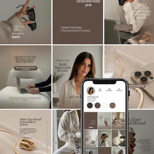 May include: A digital marketing social media template set featuring a neutral colour palette of beige, cream, and brown. The collection includes various layouts with typography, lifestyle imagery, and a smartphone displaying an Instagram profile interface.