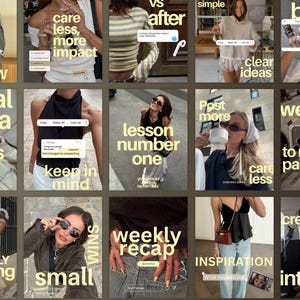 May include: A grid of fifteen social media posts featuring lifestyle photography with overlaid yellow text. The images display various outfits, accessories, and digital interface elements like pop-up menus, search bars, and text boxes.