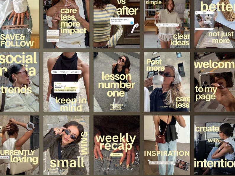 May include: A grid of fifteen social media posts featuring lifestyle photography with overlaid yellow text. The images display various outfits, accessories, and digital interface elements like pop-up menus, search bars, and text boxes.