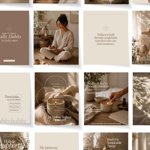 Pu&ograve; includere: Una collezione di grafiche per social media con una palette di colori neutri beige, crema e marrone. Le immagini mostrano sovrapposizioni di testo su benessere, abitudini quotidiane e salute olistica, insieme a foto di una persona, candele e cibo.