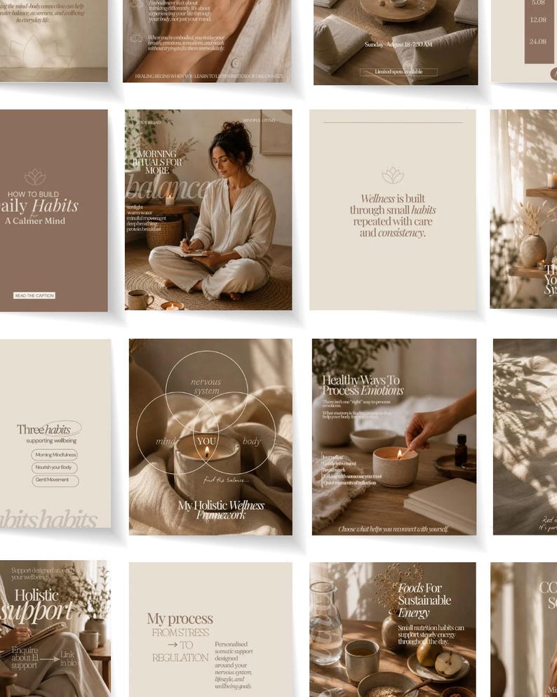 Pu&ograve; includere: Una collezione di grafiche per social media con una palette di colori neutri beige, crema e marrone. Le immagini mostrano sovrapposizioni di testo su benessere, abitudini quotidiane e salute olistica, insieme a foto di una persona, candele e cibo.