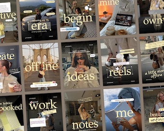 Pode incluir: Uma coleção de quinze modelos digitais para redes sociais com fotografia de estilo de vida, tipografia serifada e elementos de texto sobrepostos, incluindo frases como entering my era, permission to begin, offline, reels e beautiful unfinished.