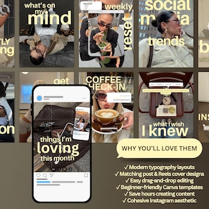 May include: A digital collection of social media templates featuring various lifestyle photography layouts, including text overlays like 'what's on my mind', 'weekly reset', 'social media trends', 'coffee check-in', and 'things I'm loving this month'.