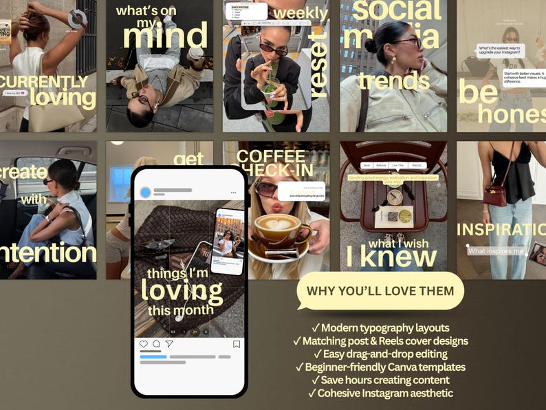 May include: A digital collection of social media templates featuring various lifestyle photography layouts, including text overlays like 'what's on my mind', 'weekly reset', 'social media trends', 'coffee check-in', and 'things I'm loving this month'.