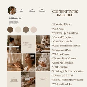 Pu&ograve; includere: Un set di modelli di marketing digitale per Instagram con una tavolozza di colori neutri in beige e marrone. Il layout mostra un'intestazione del profilo, un elenco di tipi di contenuto inclusi post educativi e una griglia di immagini lifestyle.