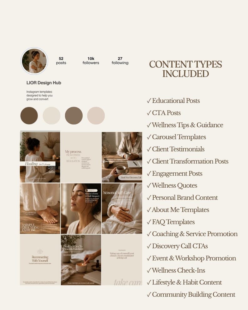 Pu&ograve; includere: Un set di modelli di marketing digitale per Instagram con una tavolozza di colori neutri in beige e marrone. Il layout mostra un'intestazione del profilo, un elenco di tipi di contenuto inclusi post educativi e una griglia di immagini lifestyle.