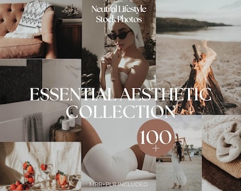 Puede incluir: Un collage de imágenes de estilo de vida con una estética neutra. Las imágenes incluyen una mujer con una toalla, una hoguera en una playa, una bañera y un sofá. El texto de la imagen dice "Essential Aesthetic Collection" y "100+".