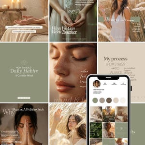 Op de afbeelding: Een digitaal raster van negen social media post-sjablonen met een neutraal kleurenpalet van saliegroen, beige en crème. De ontwerpen bevatten tekstoverlays, fotografie van een persoon in de natuur en een smartphone met een Instagram-profiel.
