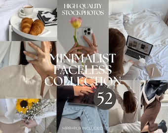 May include: A collage of lifestyle images including a coffee cup, croissants, a laptop, a phone, and flowers. The text "HIGH-QUALITY STOCKPHOTOS" and "MINIMALIST FACELESS COLLECTION" are displayed. The number "52" is also visible.