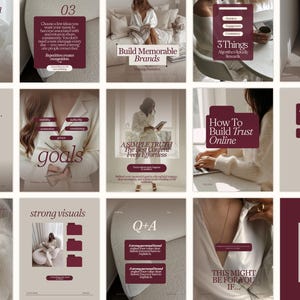 Pode incluir: Uma coleção de quinze modelos para redes sociais com uma paleta de cores neutras e detalhes em bordô. Os designs incluem vários layouts com sobreposições de texto, tipografia minimalista e imagens de cenas de estilo de vida profissional.