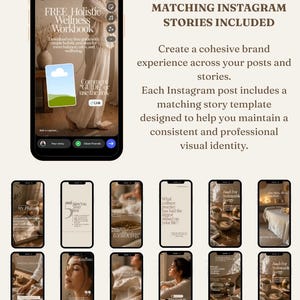 Pu&ograve; includere: Un display digitale che mostra una collezione di modelli di storie Instagram per un quaderno di esercizi sul benessere olistico. L'interfaccia presenta vari layout con toni neutri, caratteri serif e immagini legate al benessere e allo stile di vita.