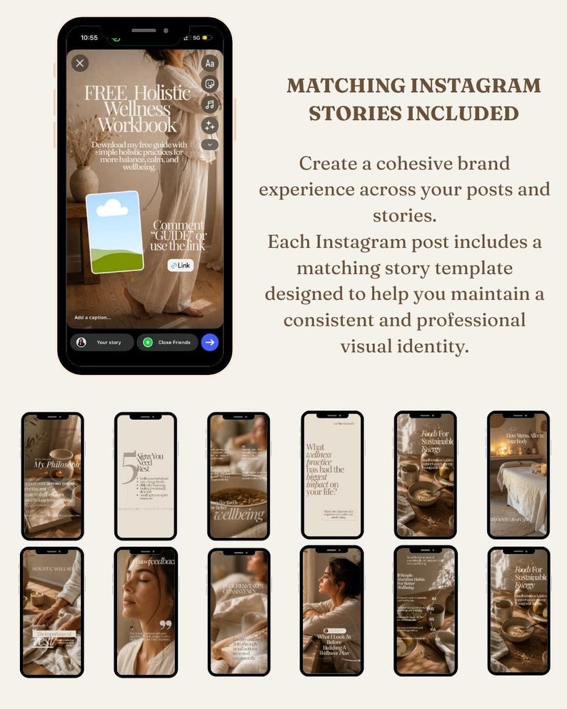 Pu&ograve; includere: Un display digitale che mostra una collezione di modelli di storie Instagram per un quaderno di esercizi sul benessere olistico. L'interfaccia presenta vari layout con toni neutri, caratteri serif e immagini legate al benessere e allo stile di vita.