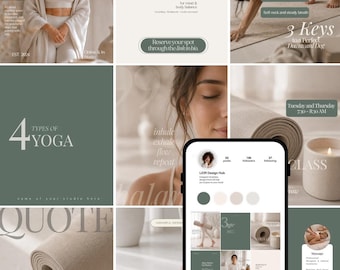 Pode incluir: Um conjunto de modelos digitais para redes sociais de estúdios de ioga com uma paleta de cores neutras em verde sálvia, creme e bege. Os gráficos incluem sobreposições de texto, poses de ioga e um smartphone com interface de perfil Instagram.
