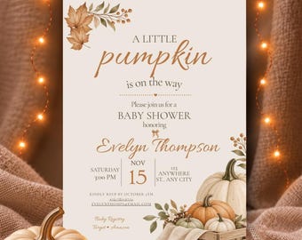 Little Pumpkin Baby Shower Invitation Template | Fall Pumpkin Baby Shower Invite | Editable Canva Autumn Invitation