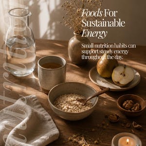Pu&ograve; includere: Una caraffa di vetro con acqua, una tazza in ceramica, una ciotola di avena con un cucchiaio di legno, un piatto con una pera, una piccola ciotola di noci, un vaso con fiori secchi e una candela. Testo: Foods For Sustainable Energy. Small nutrition habits can support steady energy throughout the day. READ THE CAPTION.