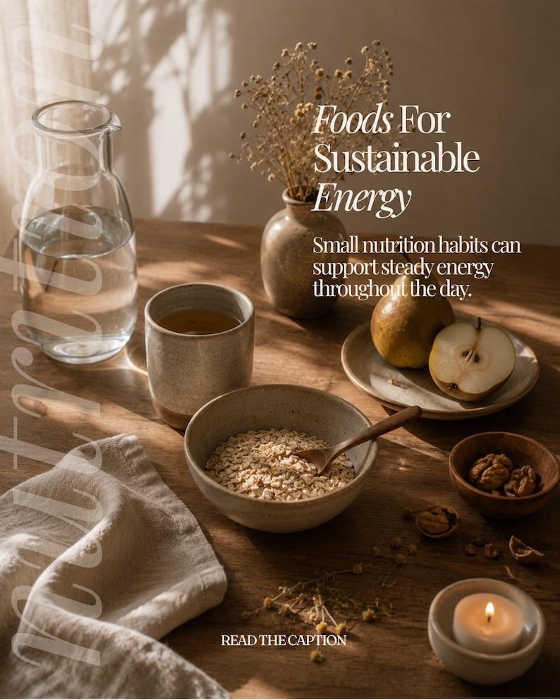 Pu&ograve; includere: Una caraffa di vetro con acqua, una tazza in ceramica, una ciotola di avena con un cucchiaio di legno, un piatto con una pera, una piccola ciotola di noci, un vaso con fiori secchi e una candela. Testo: Foods For Sustainable Energy. Small nutrition habits can support steady energy throughout the day. READ THE CAPTION.