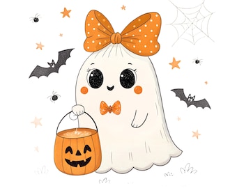 Fantasma coqueto PNG, Fantasma con lazo lindo PNG, Diseño de sublimación de Halloween coqueto, Imágenes prediseñadas de fantasma con estética espeluznante, Descarga digital