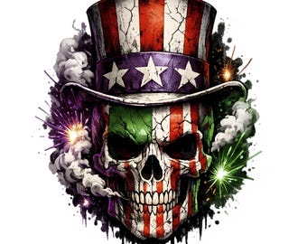 Calavera de Halloween PNG, Calavera patriótica PNG, Diseño de sublimación de calavera con bandera estadounidense, Imágenes prediseñadas de calaveras, Descarga instantánea