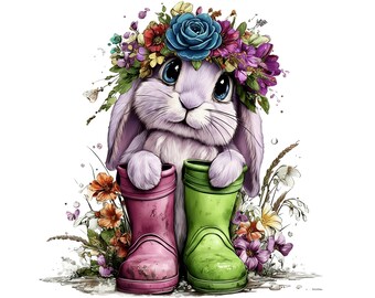 Ilustración de conejito de primavera, arte de animales de Pascua, imágenes prediseñadas de conejito en acuarela (descarga digital)
