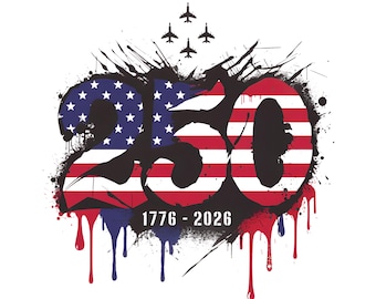 Avión de combate PNG del 250 aniversario de EE. UU. (1776-2026), diseño patriótico del 4 de julio, gráfico para camiseta con la bandera estadounidense del 250 aniversario, descarga digital.