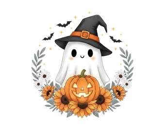 Fantasma de Halloween PNG, Diseño de sublimación, Fantasma con sombrero de bruja negro PNG, Imágenes prediseñadas de fantasma de Halloween, Descarga instantánea