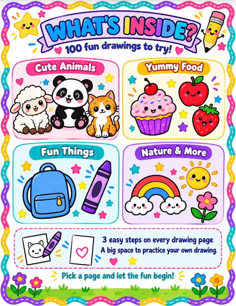 How to Draw for Kids Printable PDF, 100 Easy Drawings in 3 Steps, Kids ...