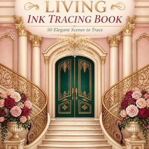 May include: A book cover titled LUXURY LIVING INK TRACING BOOK with the subtitle 50 Elegant Scenes to Trace. The illustration features a grand staircase with gold railings, a central green double door, and two large urns filled with pink and red roses.
