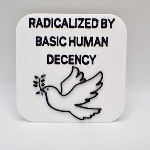 Human Rights 3D Printed Pin: “Radicalized by Basic Human Decency”