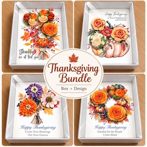 May include: A Thanksgiving bundle set of four white boxes containing cards with floral and pumpkin illustrations. The cards feature text including Thankful for all that you do, Happy Thanksgiving A Time of Togetherness and Gratitude, and more.