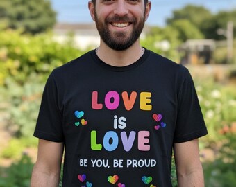 Camiseta con corazón arcoíris del orgullo: El amor es amor, siéntete orgulloso. Camiseta gráfica.