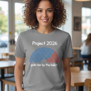Può includere: Maglietta grigia con la scritta "Project 2026" e un grafico a torta con sezioni blu e rosse. La frase "grab him by the ballot" è stampata sotto.