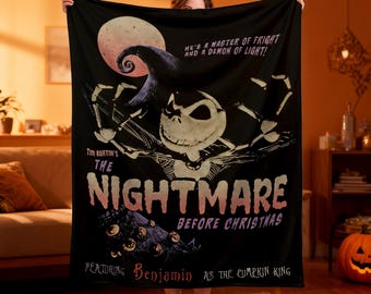 Gepersonaliseerde Nightmare Before Christmas-deken, aangepaste naam Benjamin Pumpkin King-worp, spookachtig Halloween-decor