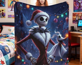 Op maat gemaakte deken Nightmare Before Christmas, familienaam, gepersonaliseerde warme fleece plaid, housewarming en kerstcadeau voor thuis