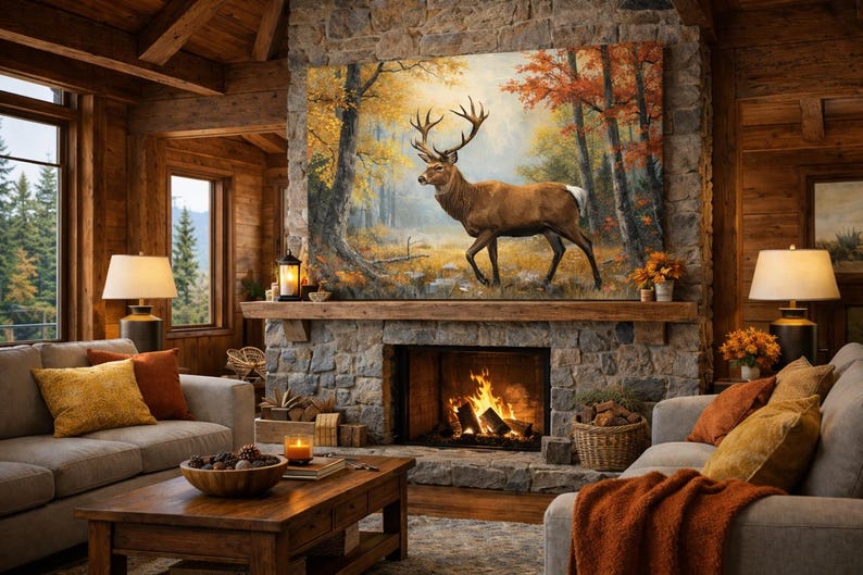 Autumn Deer Canvas Wall Art, Rustic Cabin Decor, Woodland Stag Painting ...