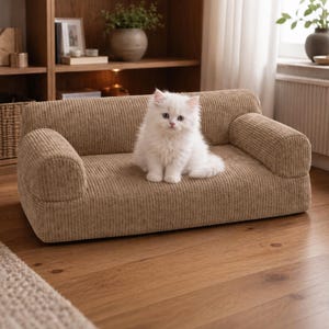 K&ouml;nnte beinhalten: Ein kleines Haustiersofa aus beigefarbenem Cord. Eine wei&szlig;e Katze mit flauschigem Fell sitzt auf dem Sofa. Das Sofa hat abgerundete Armlehnen und ist f&uuml;r den Komfort von Haustieren konzipiert. Es steht auf einem Holzboden.