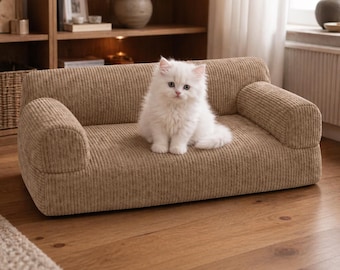 Personalized Corduroy Pet Sofa Bed, Modern Dog Couch, Embroidered Cat Furniture