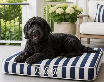 Personalized Navy Blue Striped Dog Bed with Name, Custom Pet Bed for Dogs and Cats, Classic Washable Dog Cushion, Modern Pet Mattress