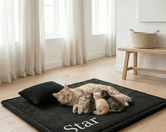 Personalized Black Cat Birth Mat, Custom Kitten Nursing Bed, Corduroy Pet Maternity Pad